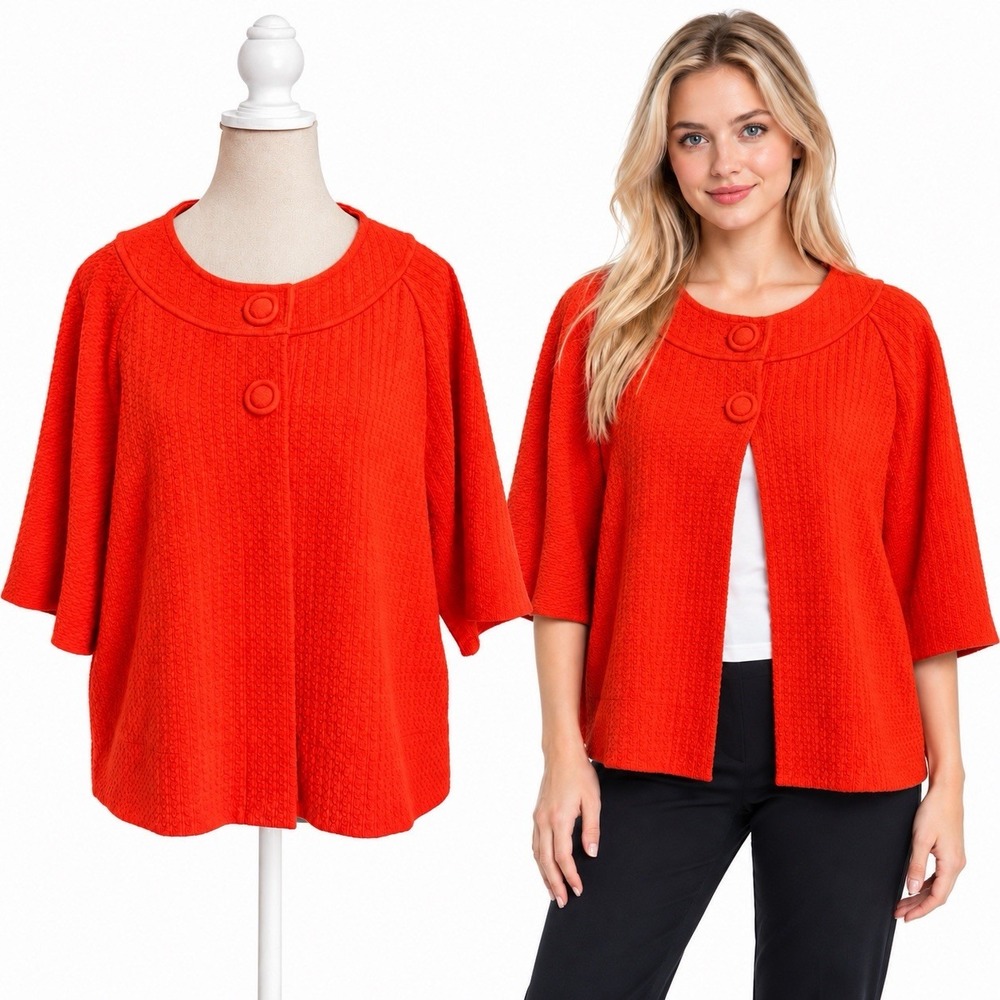 Vtg Orange Textured Knit Cropped Swing Jacket XL 3/4 Sleeve 2 Button Retro Mod